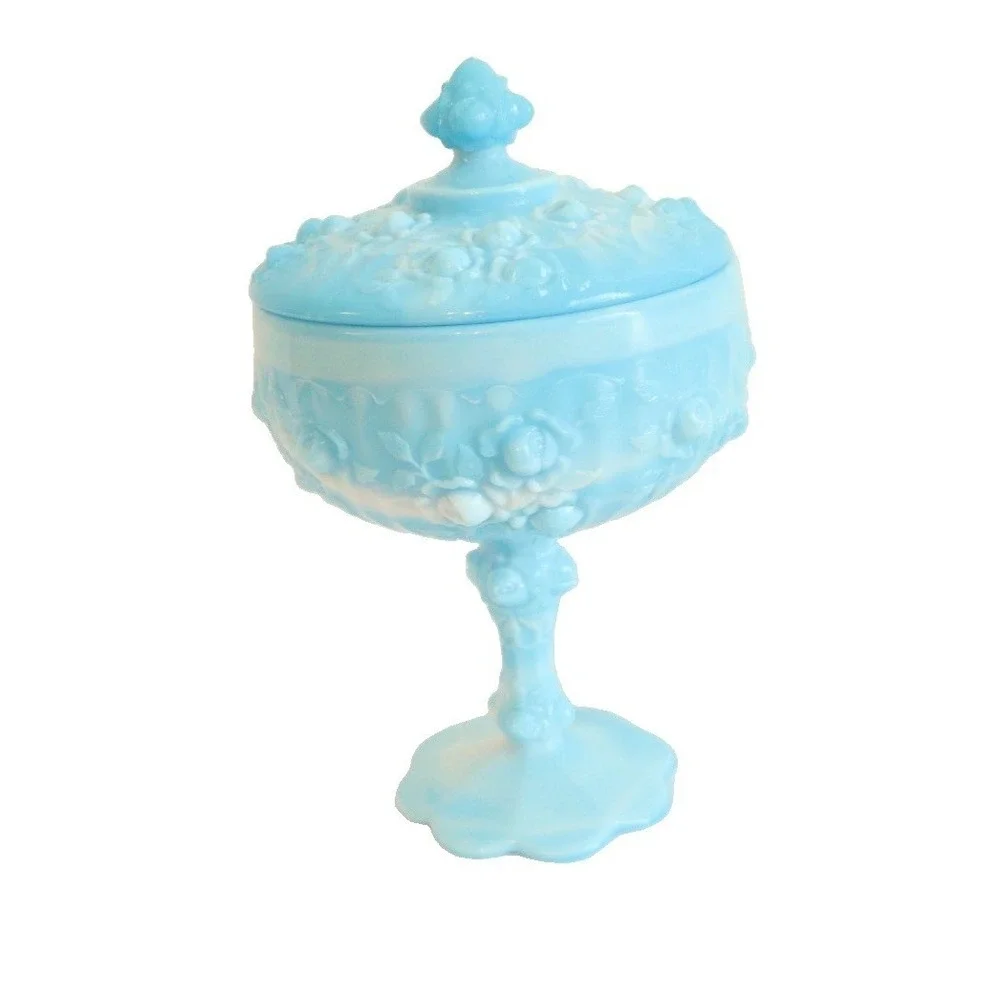 VTG Fenton Pedestal Dish with Lid Cabbage Rose Blue White Swirl Glass